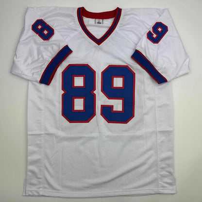 Custom Steve Tasker signed white jersey with blue red accents number 89