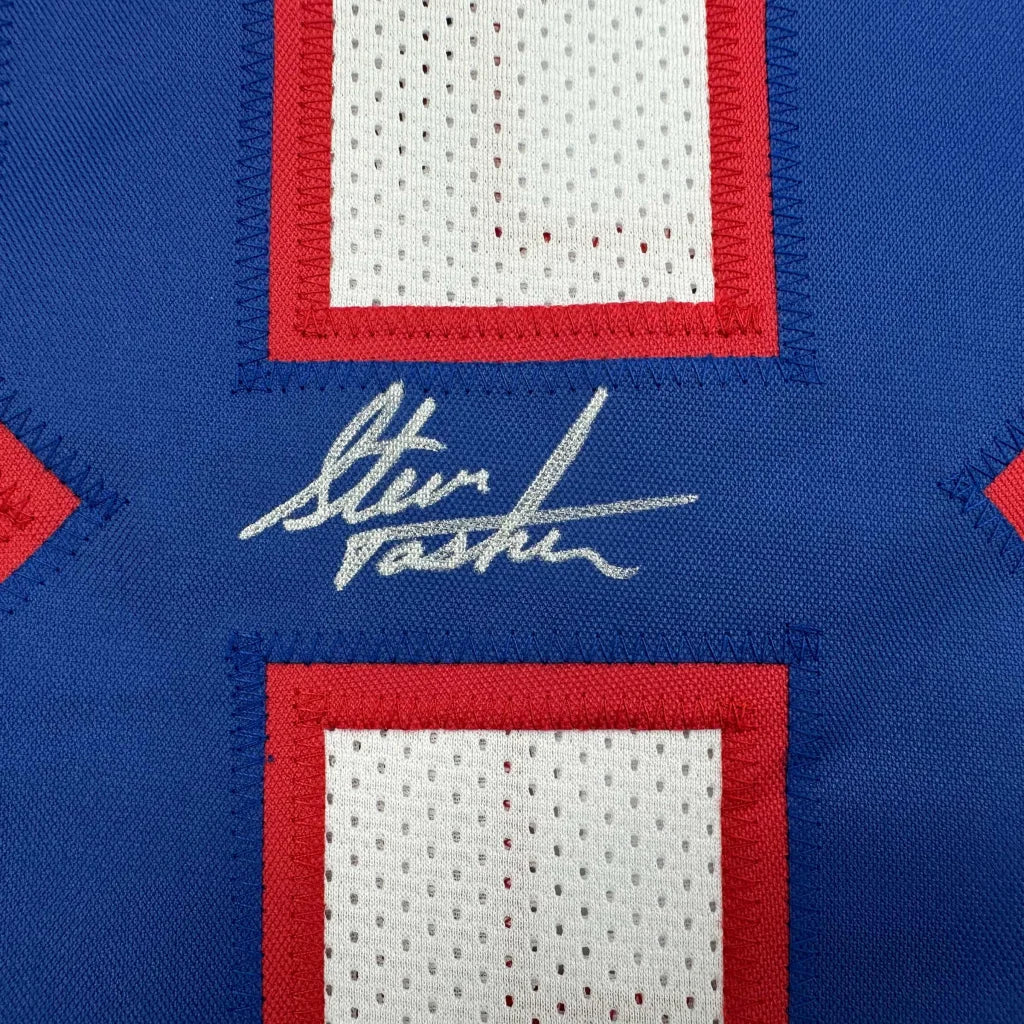 Blue and red custom jersey signed by Steve Tasker, sports league legend