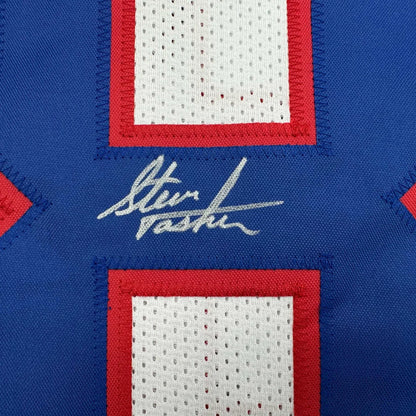 Blue and red custom jersey signed by Steve Tasker, sports league legend