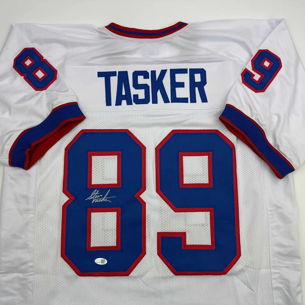 Custom Steve Tasker signed white football jersey with number 89