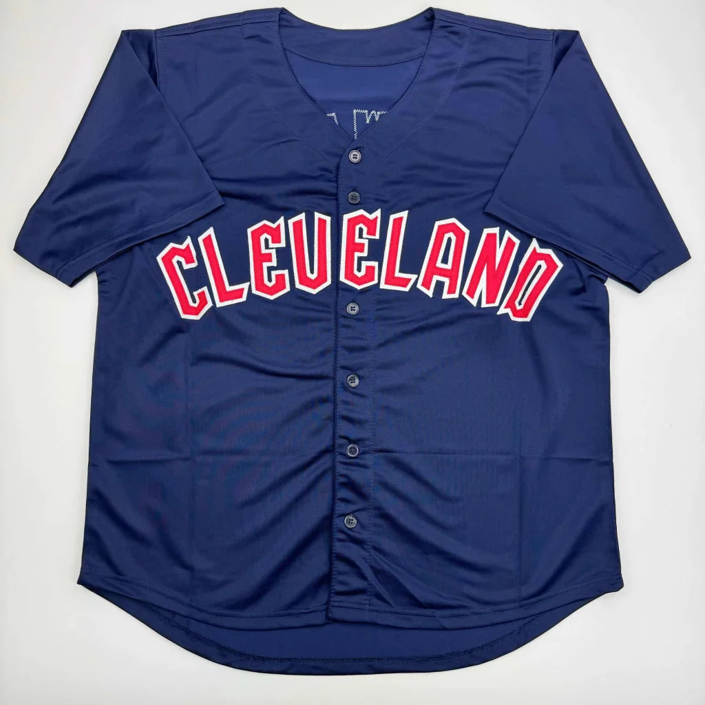Navy blue custom jersey from Professional Sports League with CLEVELAND in red and white