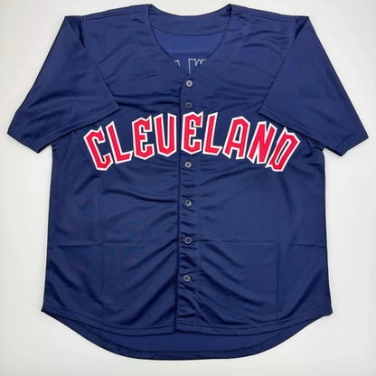 Navy blue custom jersey from Professional Sports League with CLEVELAND in red and white