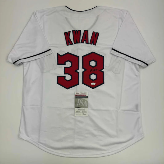 Autographed Steven Kwan Cleveland White Baseball Jersey JSA COA | Hall of Fame Sports Memorabilia | vintageantiquesgifts.com