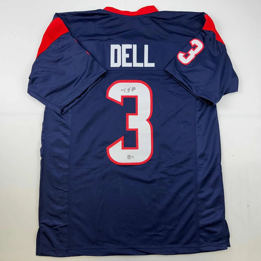 Autographed Tank Dell Houston Texans navy blue custom jersey with white number 3