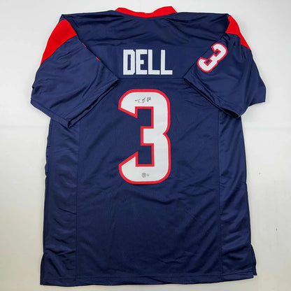 Autographed Tank Dell Houston Texans navy blue custom jersey with white number 3