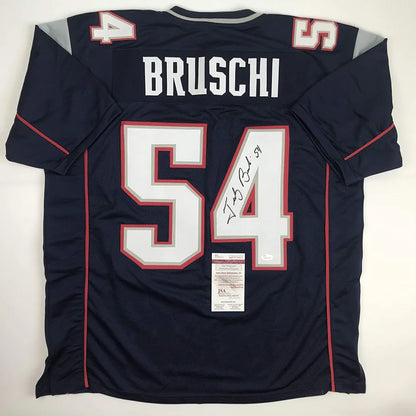 Autographed Tedy Bruschi navy blue New England Patriots custom jersey, number 54, JSA COA