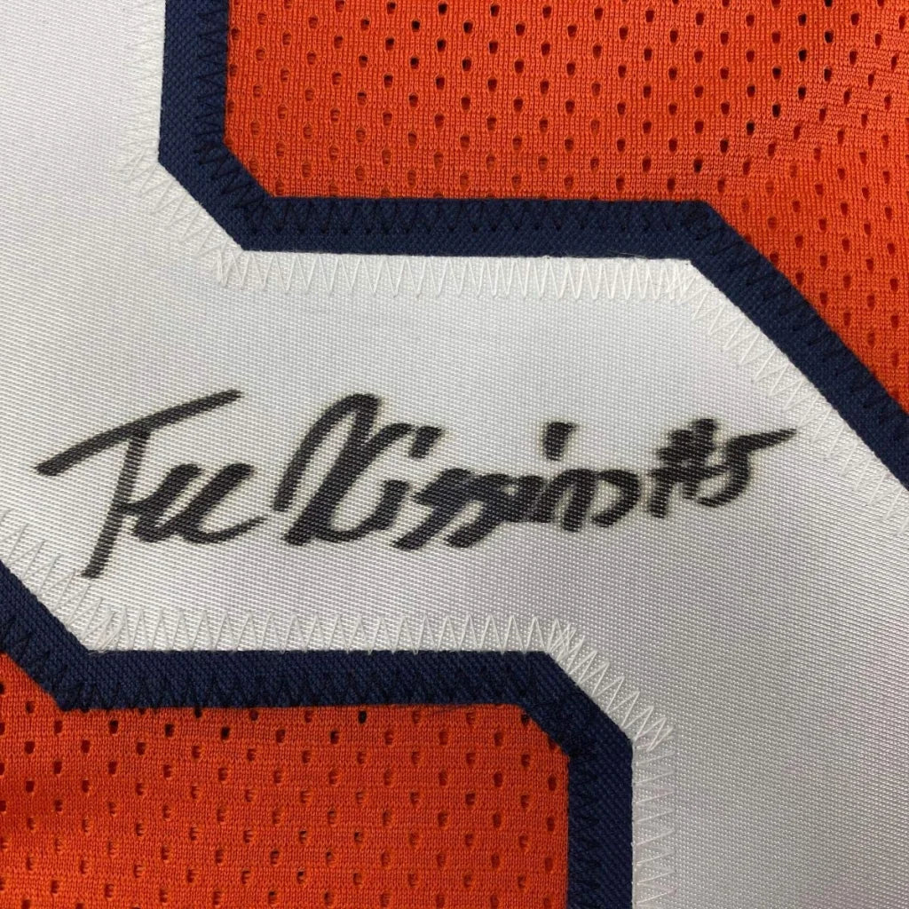 Autographed orange and white mesh custom jersey with navy trim and signature for professional sports league use