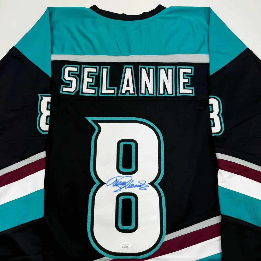 Autographed Teemu Selanne black retro custom jersey with number 8, name, and signature