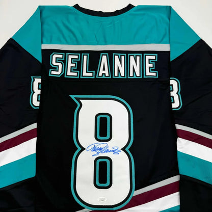 Autographed Teemu Selanne black retro custom jersey with number 8, name, and signature