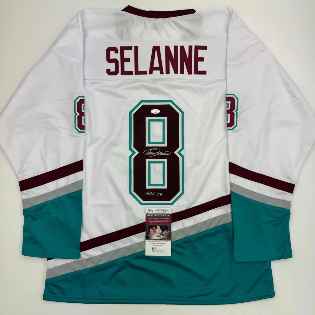 Autographed Teemu Selanne white custom jersey with teal accents, number 8, Anaheim NHL