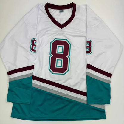 White Teemu Selanne custom jersey with maroon, teal, gray accents for professional sports fans