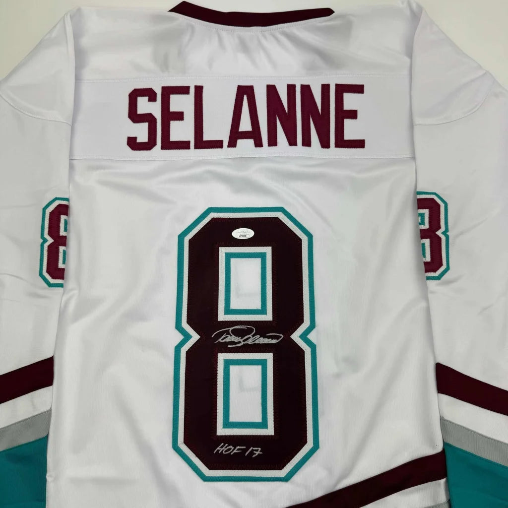 Autographed Teemu Selanne #8 custom jersey from professional sports league collectible