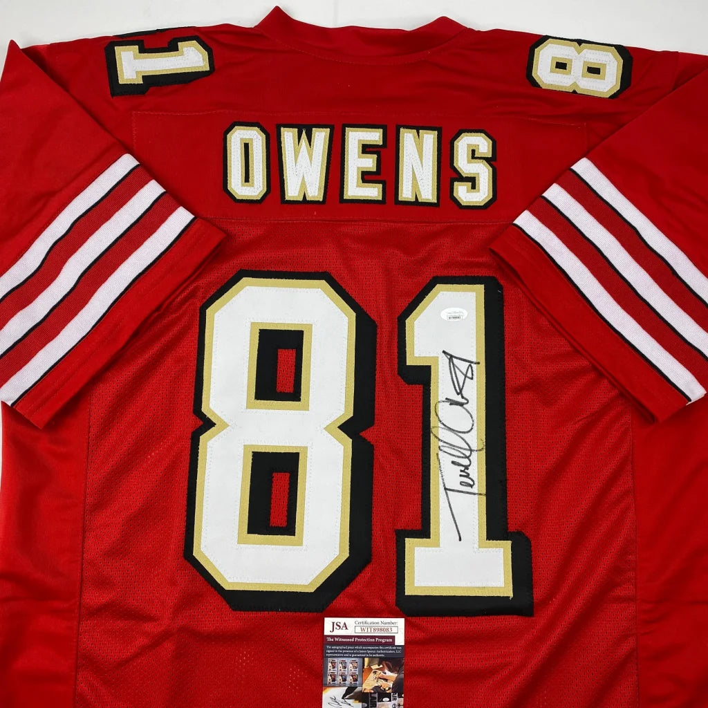 Autographed Terrell Owens red San Francisco 49ers custom jersey, number 81, JSA COA