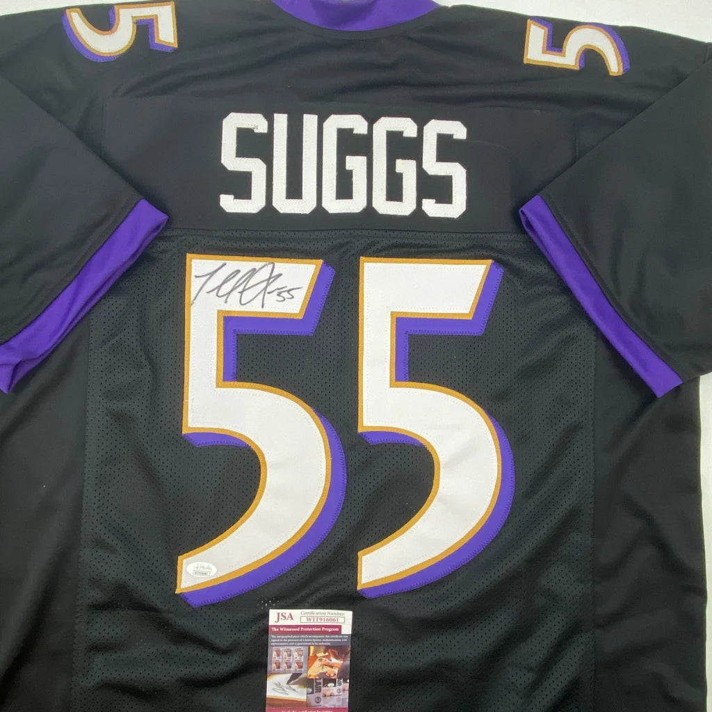 Autographed Terrell Suggs Baltimore Black Football Jersey JSA COA | Certified Authentic Signed Memorabilia | vintageantiquesgifts.com