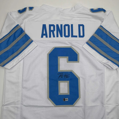 Autographed Terrion Arnold Detroit White Football Jersey Beckett BAS COA | Certified Authentic Signed Memorabilia | vintageantiquesgifts.com