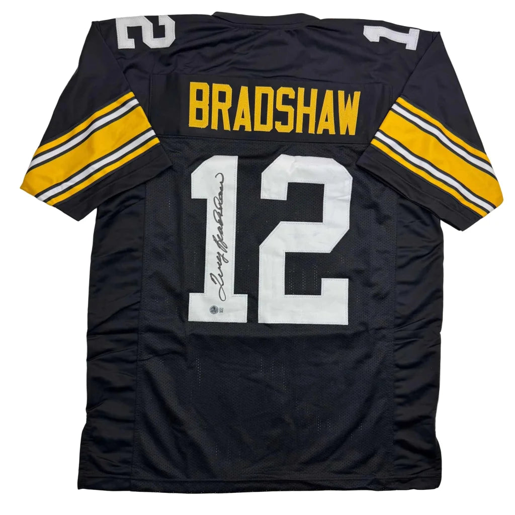 Autographed Terry Bradshaw Pittsburgh black custom jersey back, number 12
