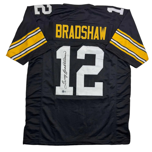 Autographed Terry Bradshaw Pittsburgh Black Football Jersey Beckett BAS COA | Hall of Fame Sports Memorabilia | vintageantiquesgifts.com
