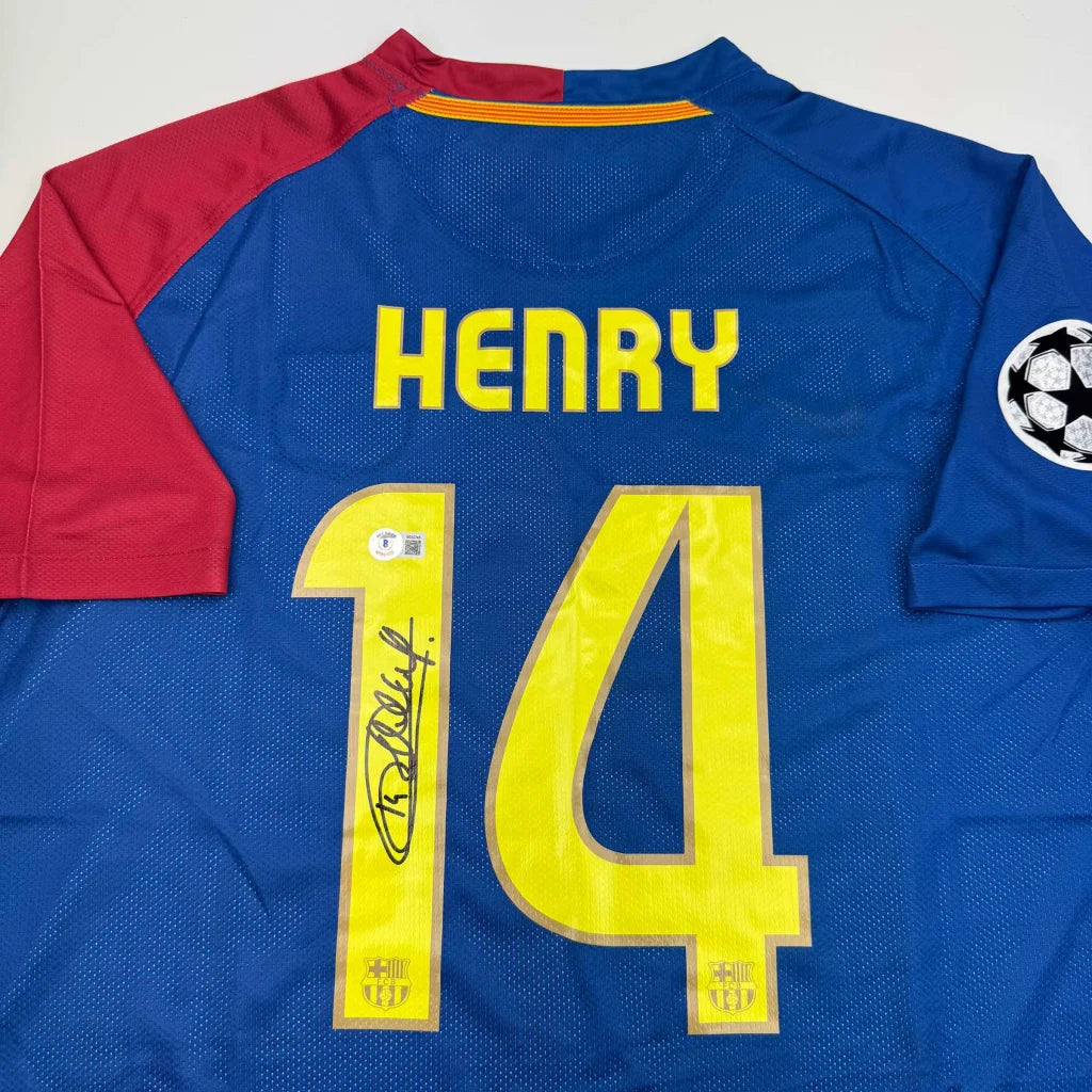Blue and red Custom Jersey with HENRY 14 signature and Champions League patch for professional sports fans