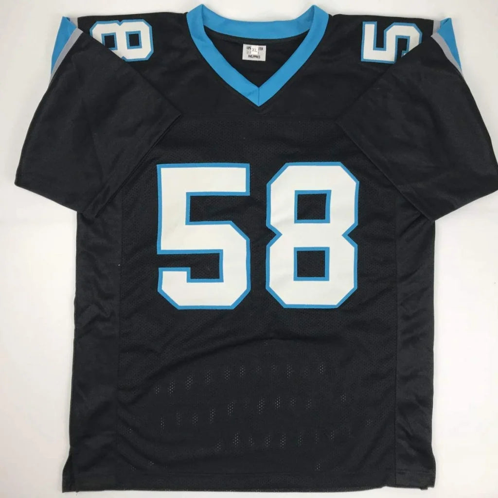 Autographed thomas davis sr. carolina black custom football jersey with white and light blue number 58 for professional sports league