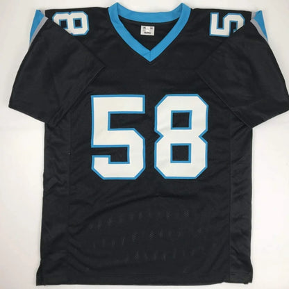 Autographed thomas davis sr. carolina black custom football jersey with white and light blue number 58 for professional sports league