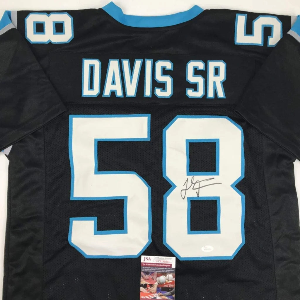 Black carolina panthers custom jersey in black with light blue and white lettering featuring davis sr 58 on back