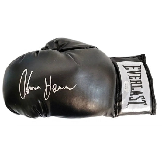 Black Everlast boxing glove with white signature showcasing third party authentication