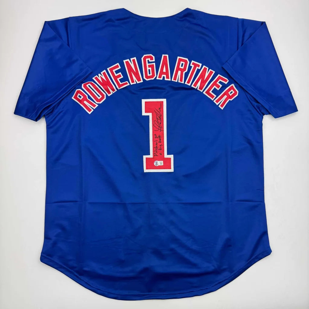 Autographed Thomas Ian Nicholas custom jersey in royal blue with red lettering, Beckett COA