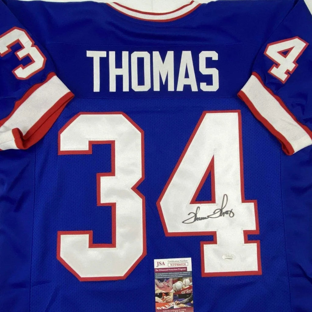 Blue custom jersey with THOMAS 34 signature, perfect for sports fans and collectors