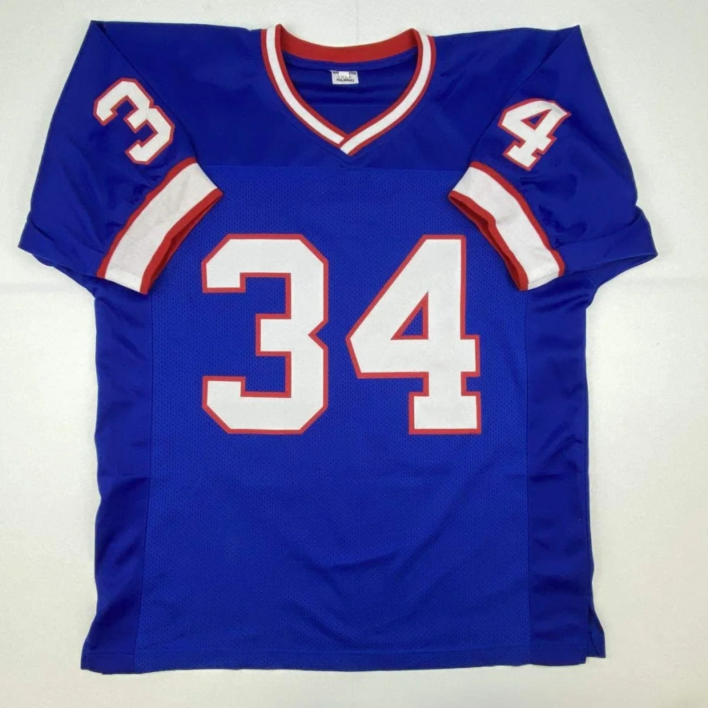 Blue football jersey with white and red trim from Custom Jersey THOMAS 34 signed sports collectible