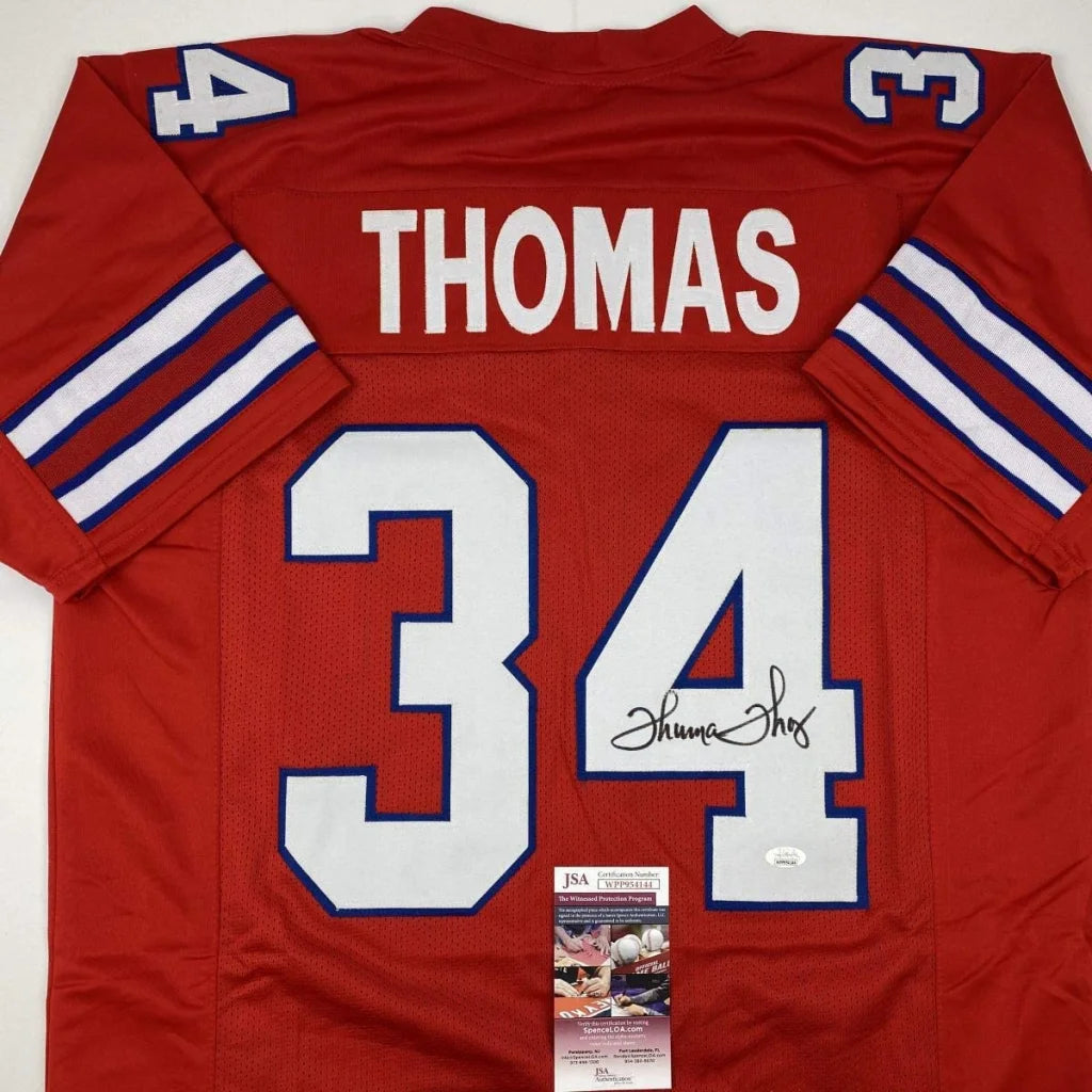 Autographed Thurman Thomas red Buffalo custom jersey back, number 34, JSA COA