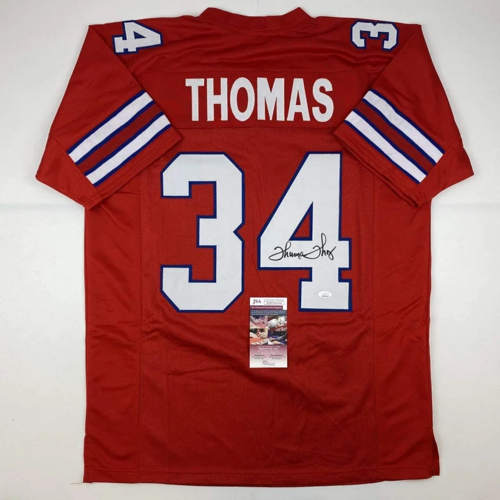 Autographed Thurman Thomas red custom jersey back, number 34, signed by Shamu S., JSA COA