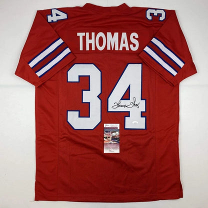 Autographed Thurman Thomas red custom jersey back, number 34, signed by Shamu S., JSA COA