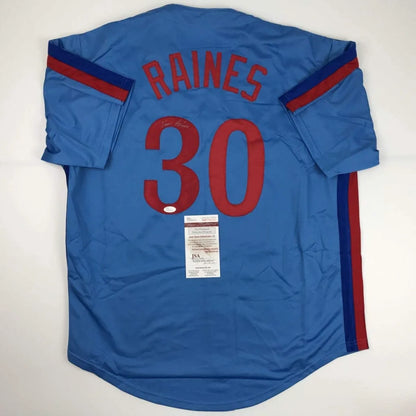 Autographed Tim Raines Montreal Blue Baseball Jersey JSA COA | Hall of Fame Sports Memorabilia | vintageantiquesgifts.com