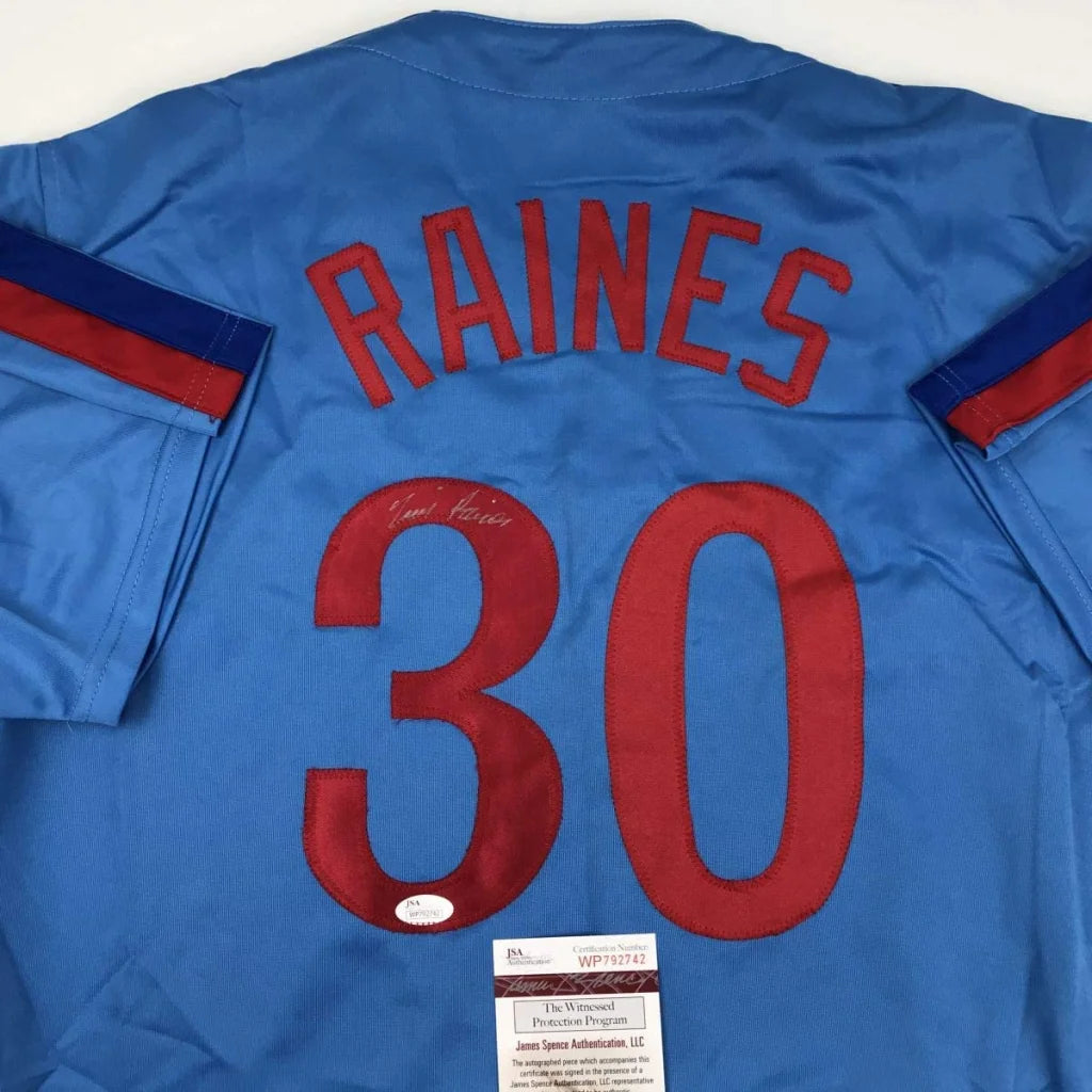 Autographed Tim Raines Montreal Blue Baseball Jersey JSA COA | Certified Authentic Signed Memorabilia | vintageantiquesgifts.com