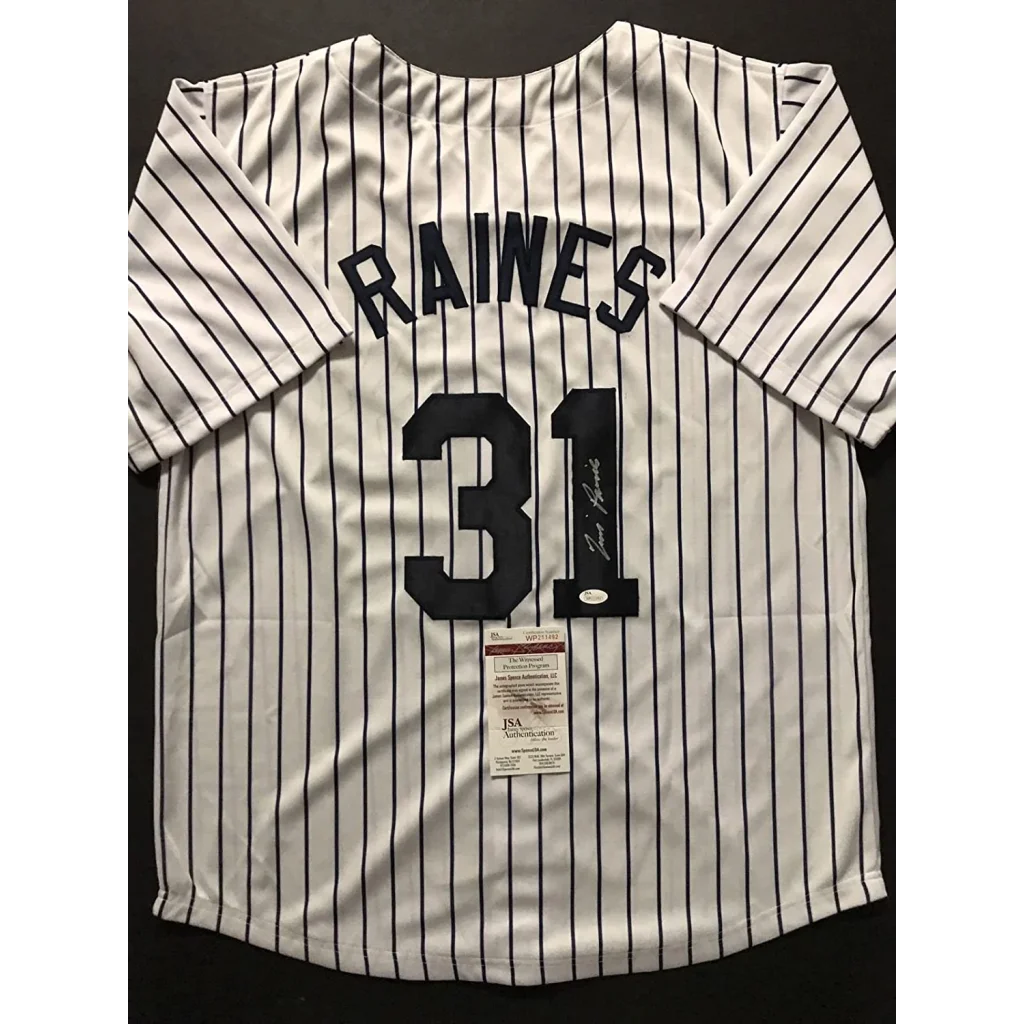 Back of autographed Tim Raines custom New York pinstripe jersey, Raines 31, JSA COA