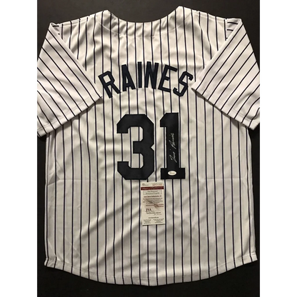 Back of autographed Tim Raines custom New York pinstripe jersey, Raines 31, JSA COA