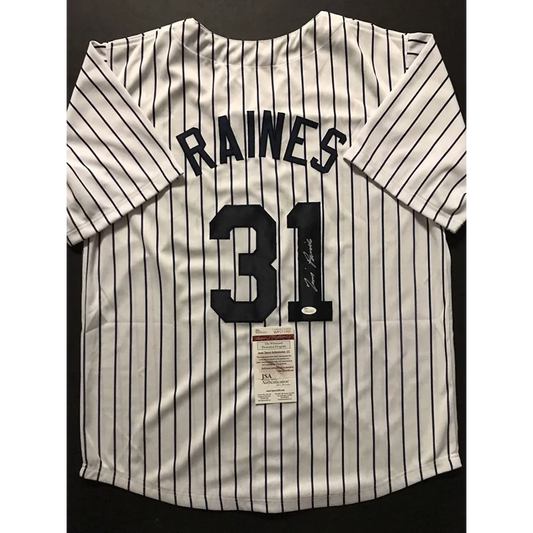 Back of autographed Tim Raines custom New York pinstripe jersey, Raines 31, JSA COA
