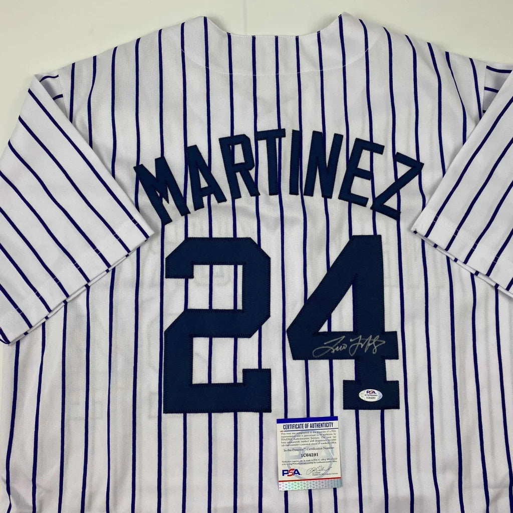 White pinstriped Martinez 24 custom jersey from Professional Sports League, autographed and authenticated