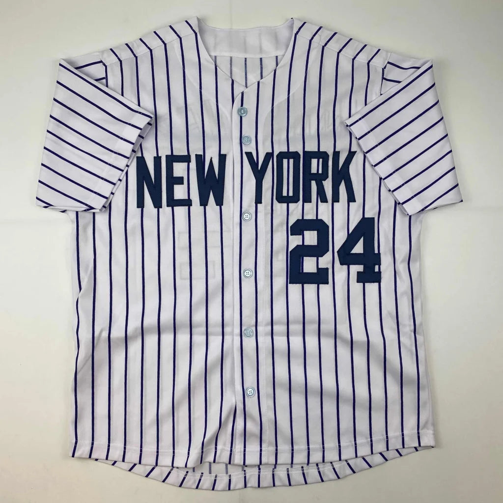 White and navy blue pinstriped custom jersey from Professional Sports League with NEW YORK 24