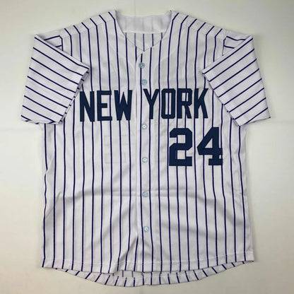 White and navy blue pinstriped custom jersey from Professional Sports League with NEW YORK 24