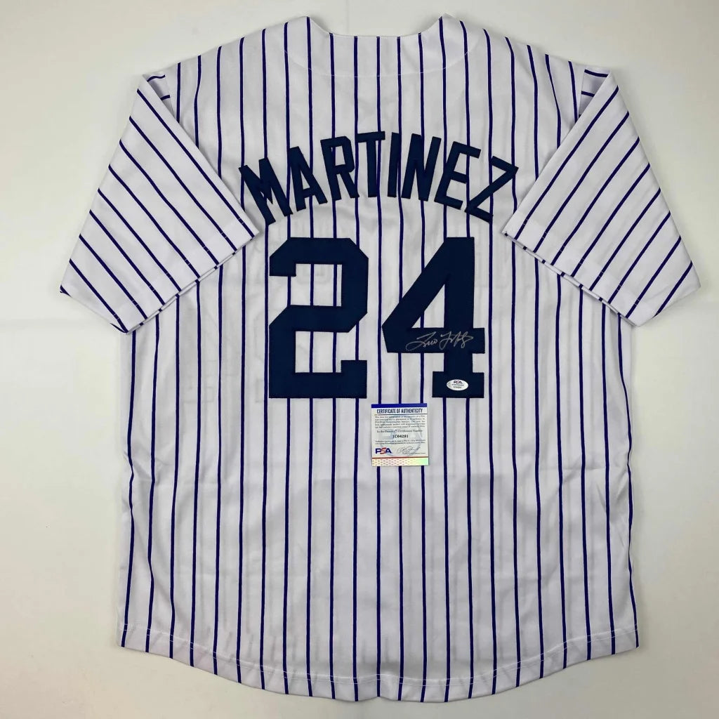 White pinstriped custom jersey from Professional Sports League with Martinez 24 and PSA sticker