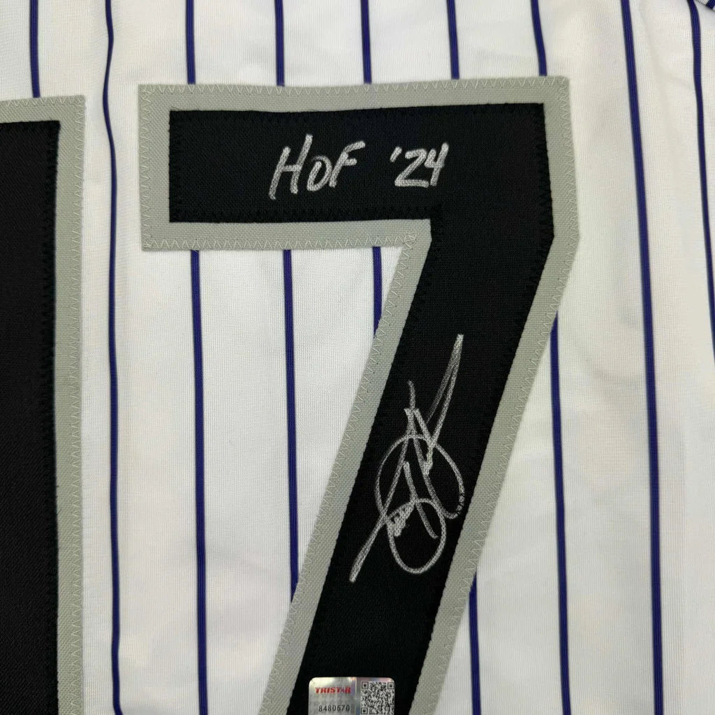 Autographed Todd Helton HOF custom jersey with pinstripes and HoF 24 inscription
