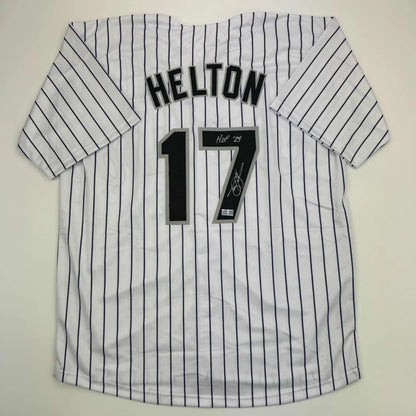 Autographed Todd Helton HOF pinstriped custom jersey collectible featuring Todd Helton #17