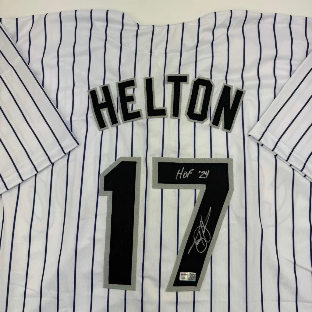 White pinstriped Todd Helton HOF custom jersey with signature and HoF 24 inscription