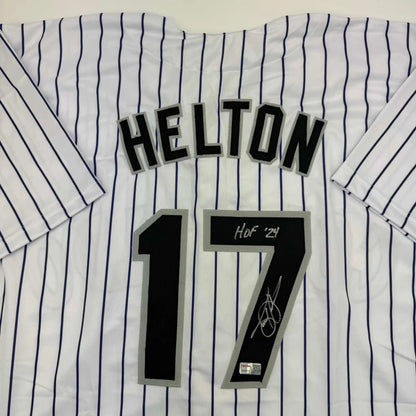 White pinstriped Todd Helton HOF custom jersey with signature and HoF 24 inscription