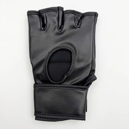 Black faux leather fingerless glove with palm cut-out, authentic UFC MMA third party authentication