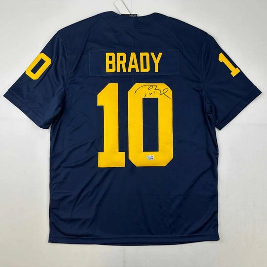 Autographed Tom Brady Michigan Wolverines navy blue jersey with yellow Brady 10
