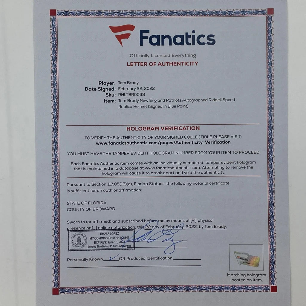 Letter of authenticity for Tom Brady autographed Patriots helmet with third party authentication
