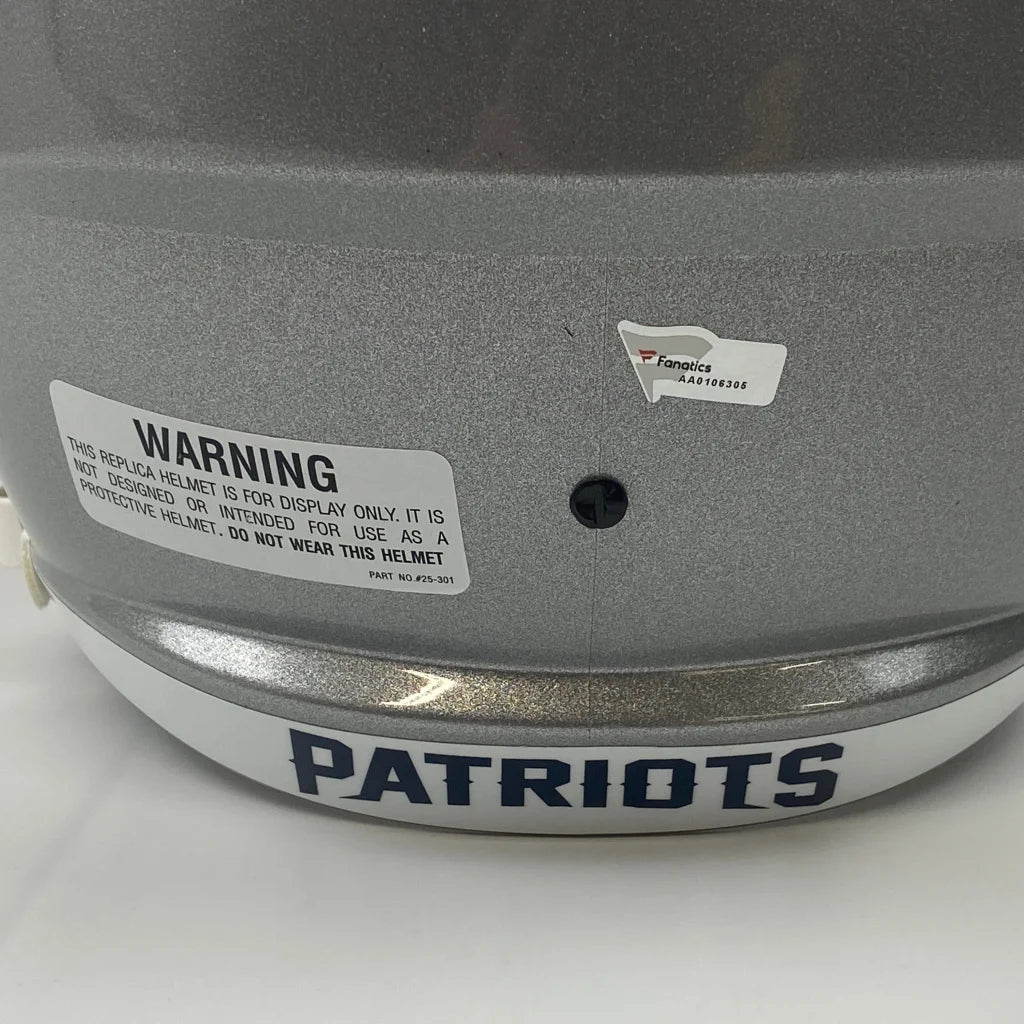 Silver New England Patriots replica football helmet with third party authentication