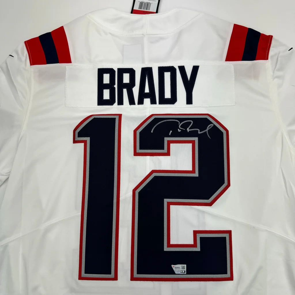 White Tom Brady Patriots jersey with BRADY and 12, official autograph, authentic NFL gear